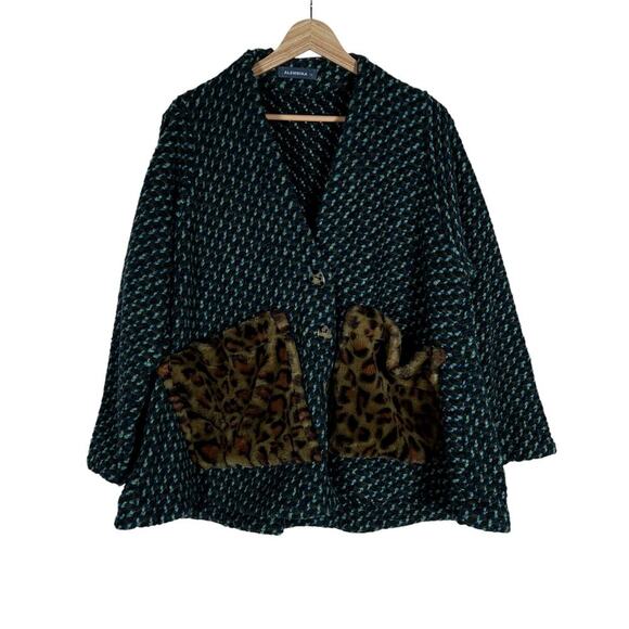 Alembika Womens Jacket XS Textured Wool Blend Leopard Faux Fur Pockets Boho Fit - Picture 1 of 11